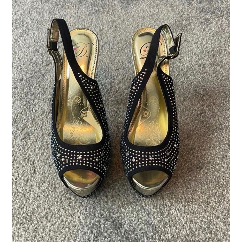 Diva Black Rhinestone Peep Toe Slingback Platform Heels Womens Size 6 36.5